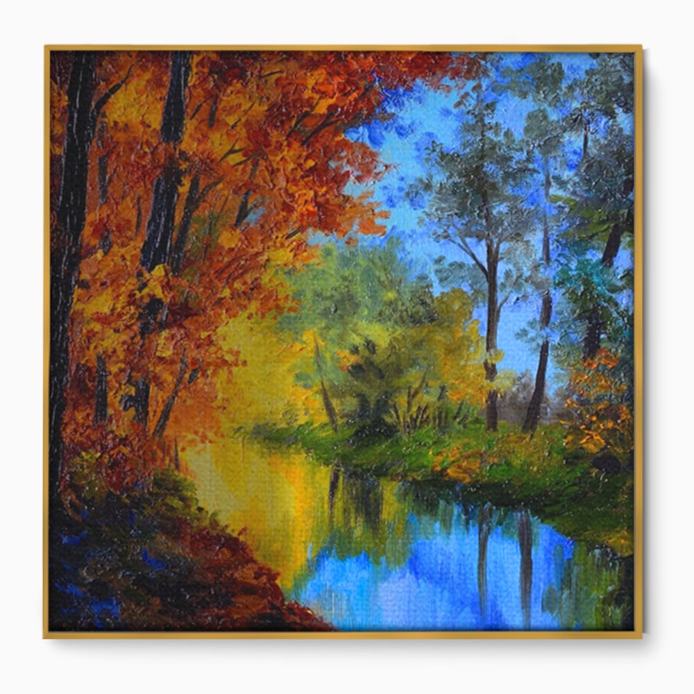 Tablou canvas cu pictura in ulei cu padure toamna si lac, in rama de aluminiu auriu